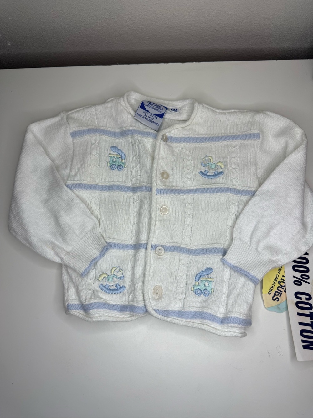 Vintage Carriage Boutiques Baby Sweater Cardigan 6M White Blue Cotton Train